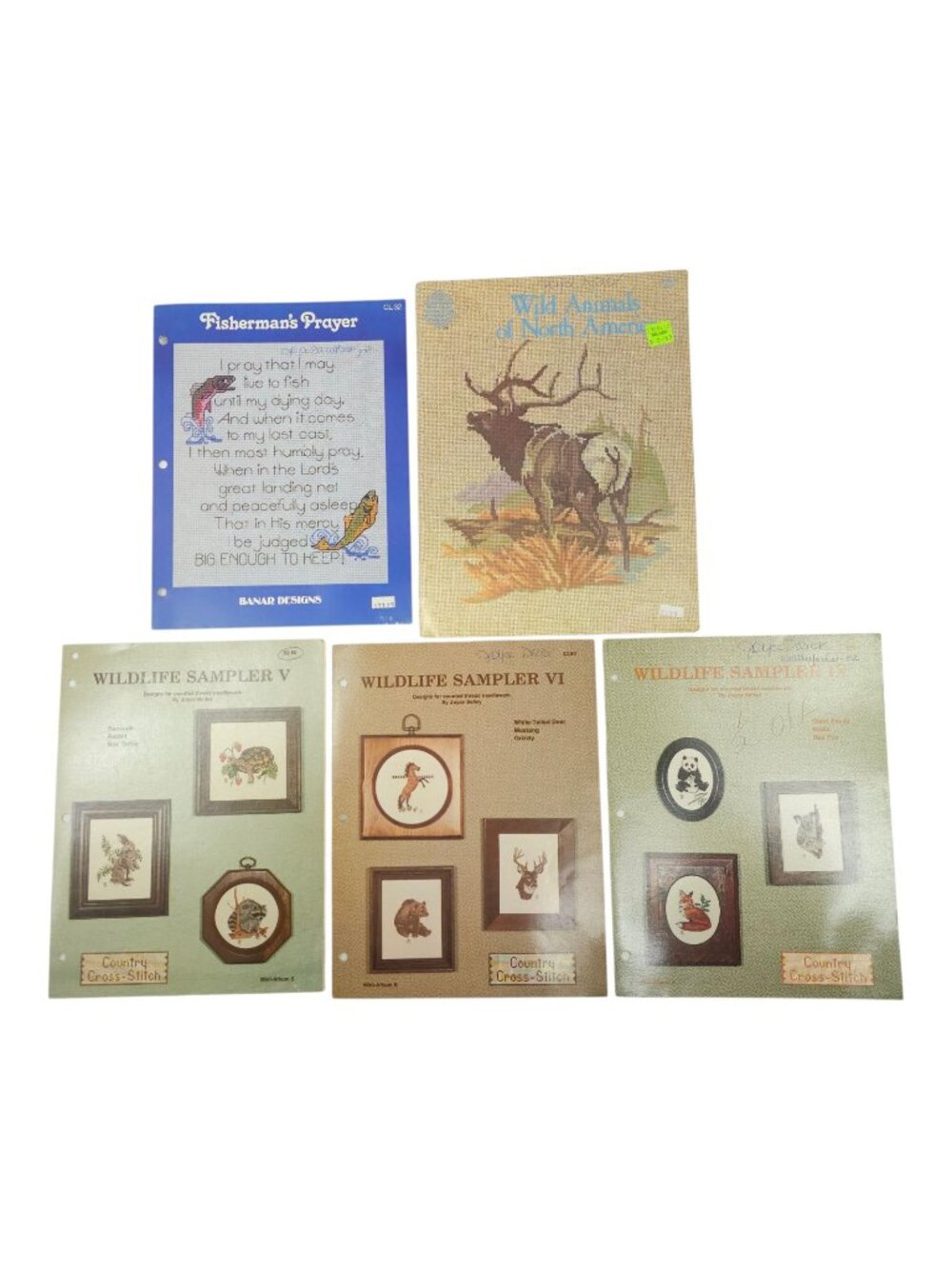 Cross Stitch Booklet Vintage Lot Of 5 Wildlife Sampler Fisherman Prayer Patterns